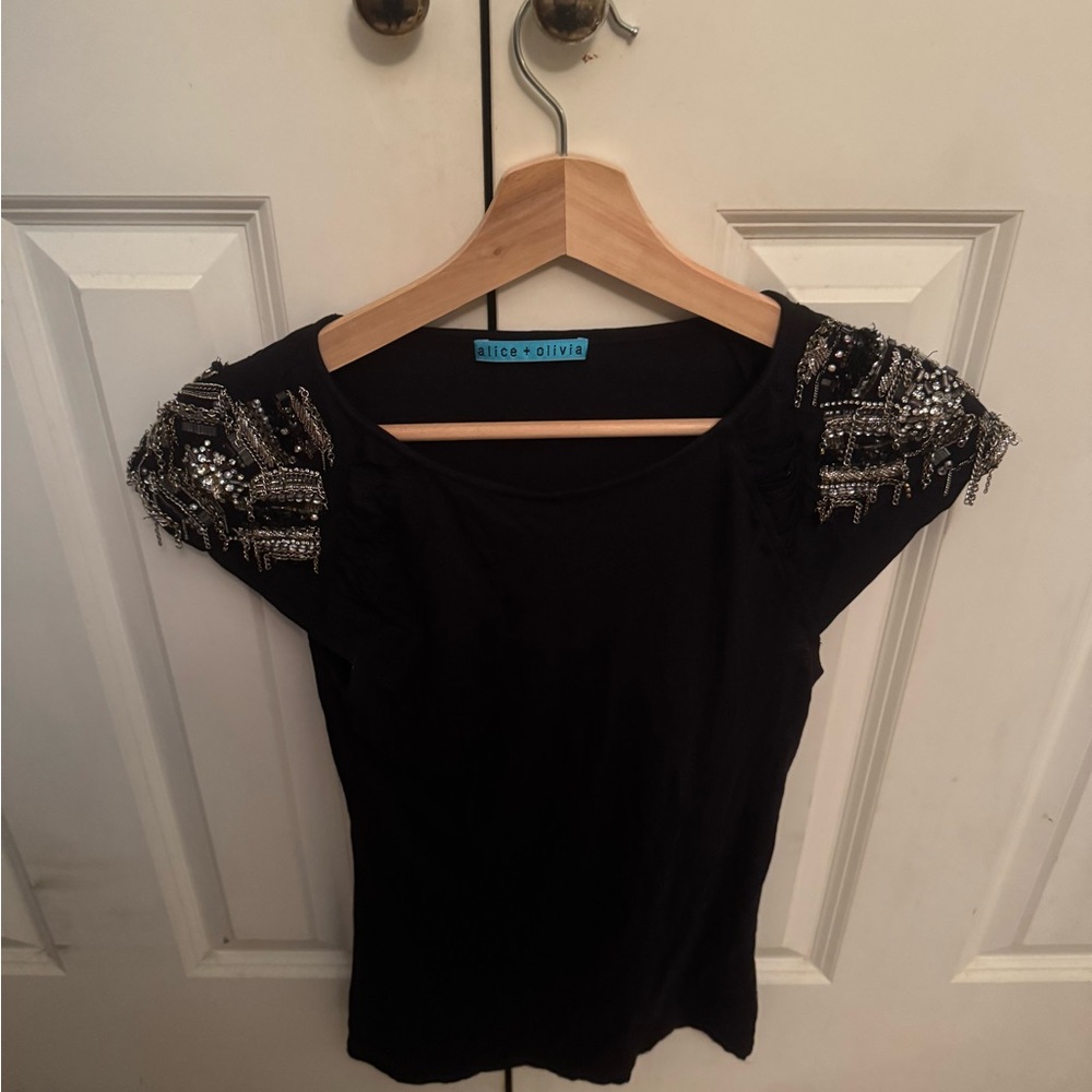 Alice + Olivia Black Top with Silver Embellishments